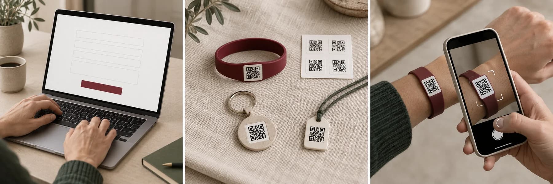 Визуализация трёх шагов: заполнить анкету, выбрать QR-носитель, отсканировать код
